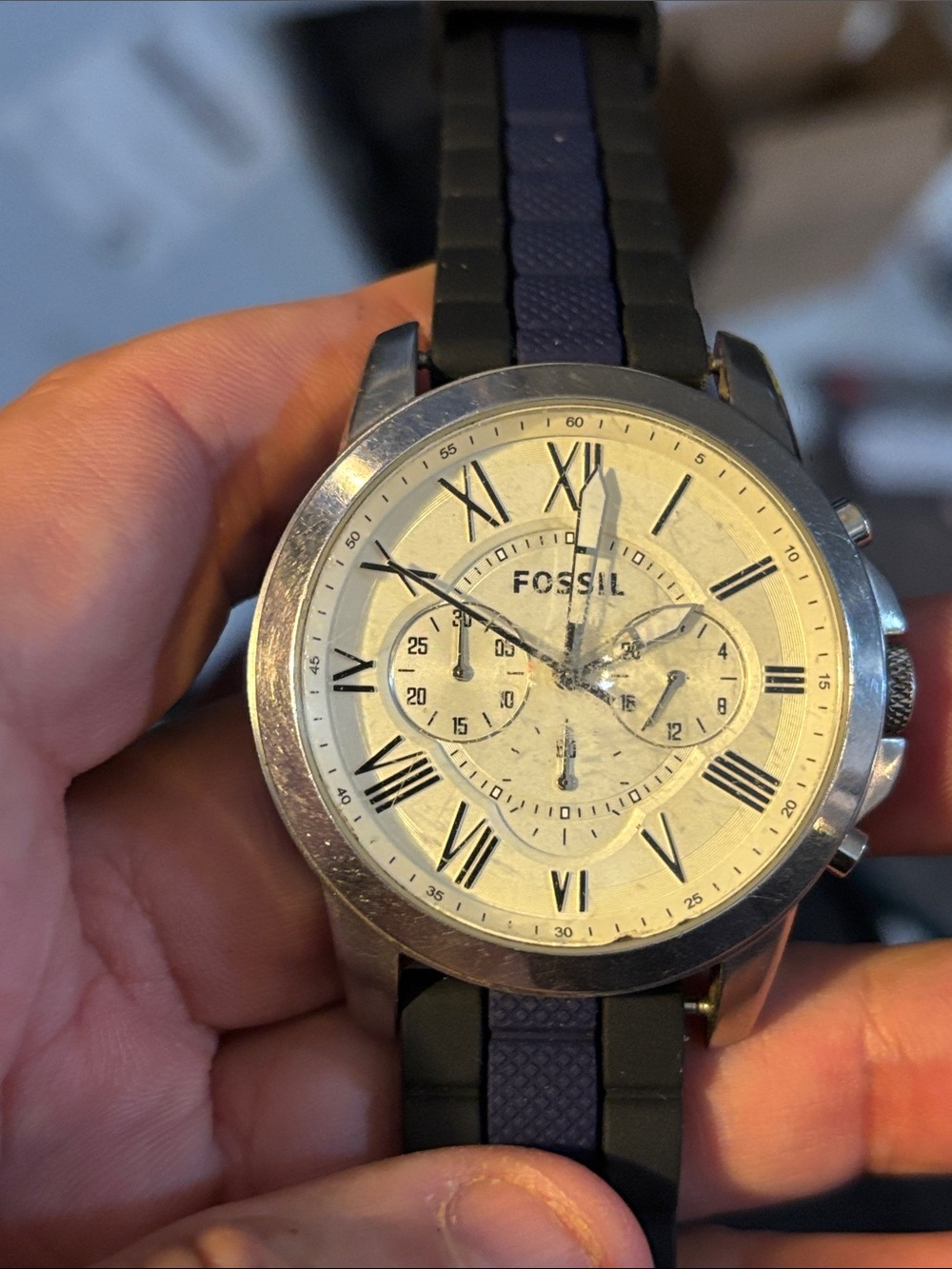 Fossil Men's Silver Case Watch with Cream Dial and Black Strap
